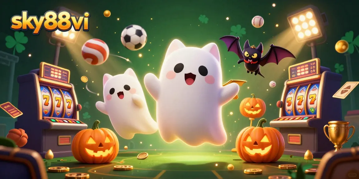 Experience the sky88vi excitement with ghostly characters exploring a bustling game-filled mansion.