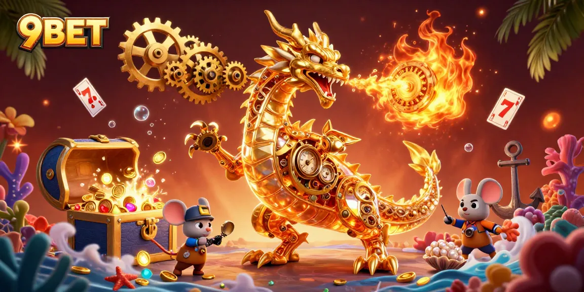 Engage with 9BET’s dynamic casino world featuring a golden dragon, slot reels, and treasures in vibrant 3D
