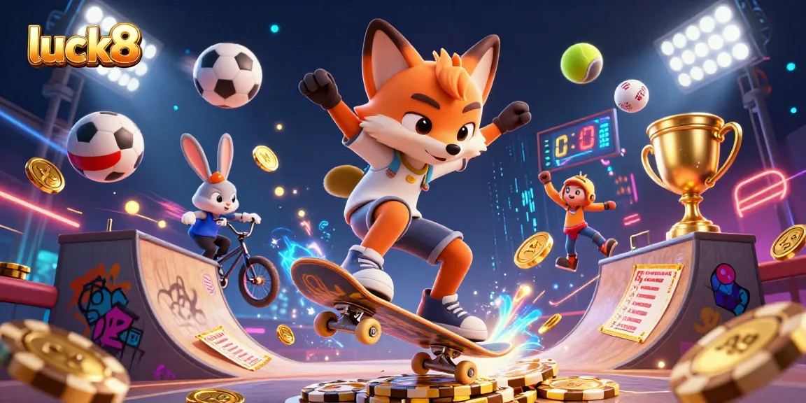 Experience thrilling actions with luck8 in this vibrant gambling scene featuring animated characters and casino symbols.