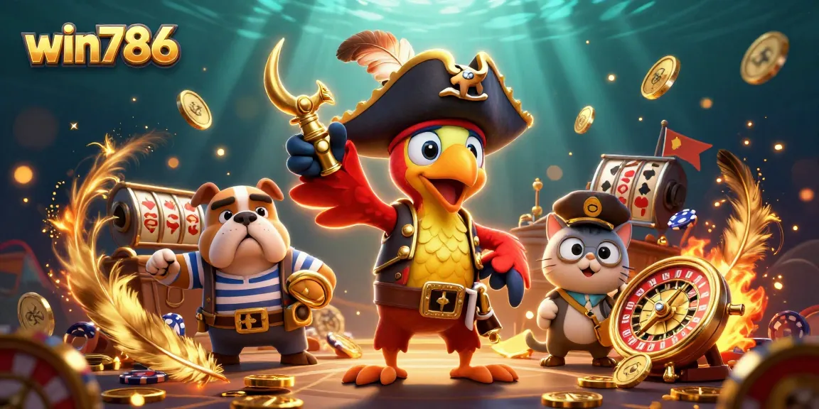 win786 players place bets amidst a vibrant scene of pirate-themed casino excitement and lively characters