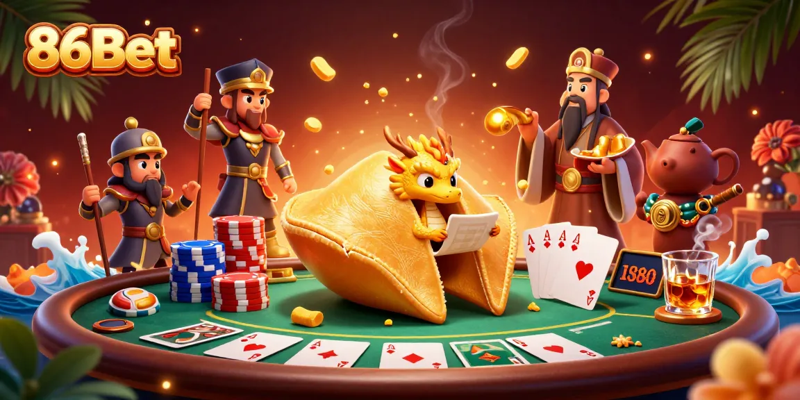 Engage with 86Bet's vibrant 3D illustration showcasing poker action and treasure themes.