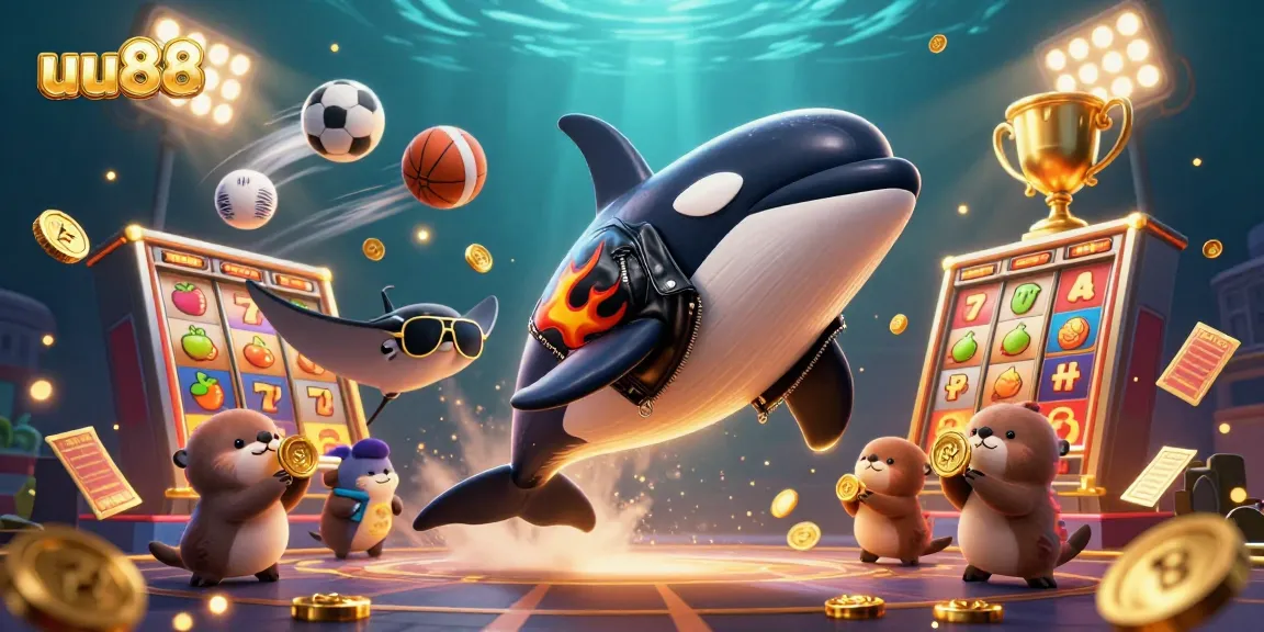 Experience thrilling games at uu88 with playful characters surrounded by vibrant casino elements.