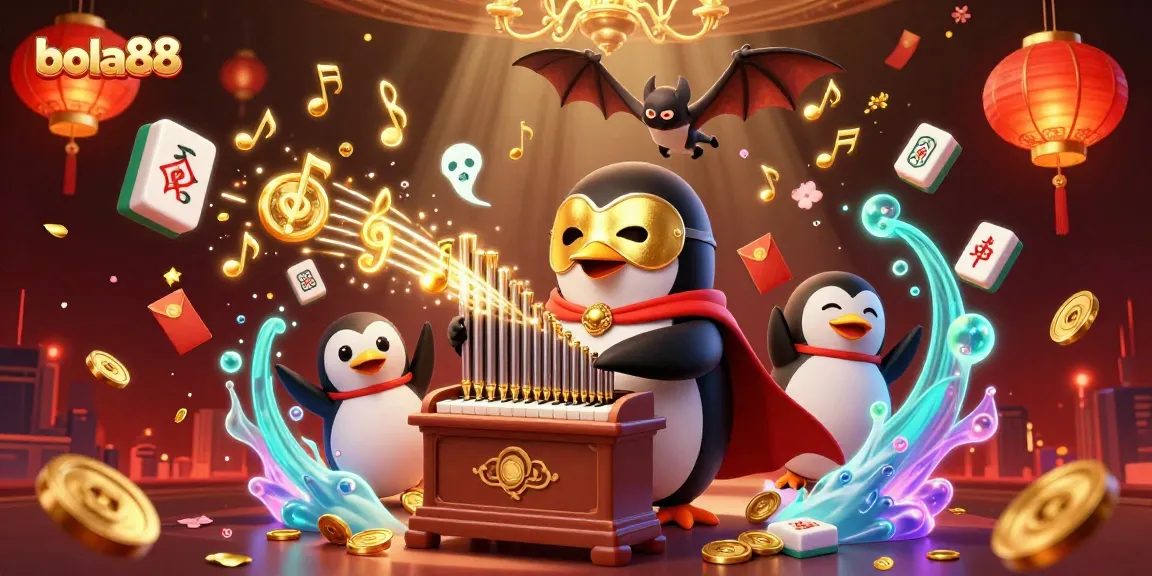 Bola88 menghadirkan suasana kasino dengan penguin bermain organ yang mengeluarkan koin emas.