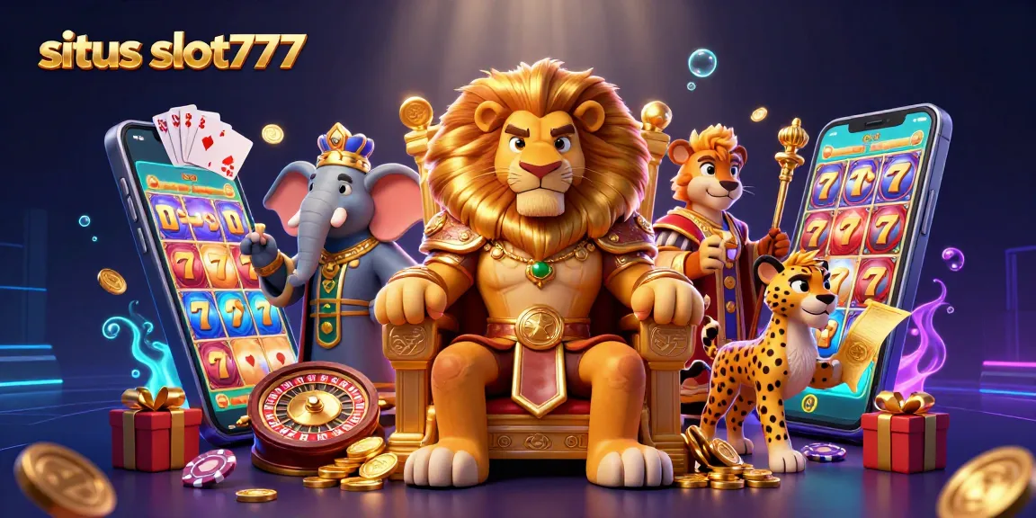 Situs slot777 showcases vibrant gaming action with a king, advisor, and messenger amidst dynamic casino visuals.