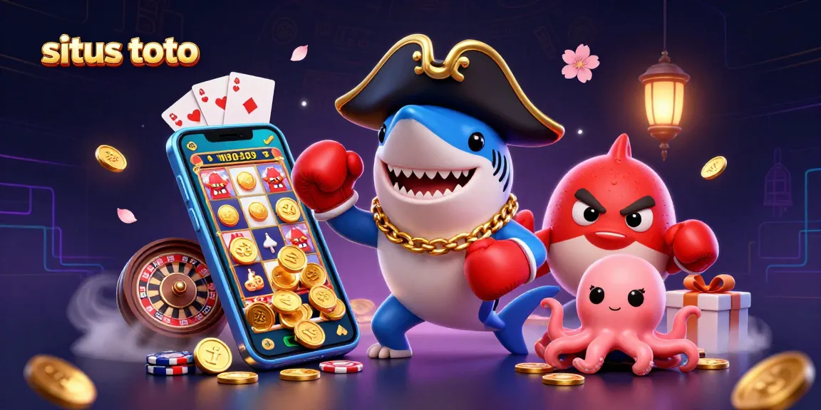 Situs toto showcases dynamic gaming scene with characters, vibrant coins, smartphone, and cards.