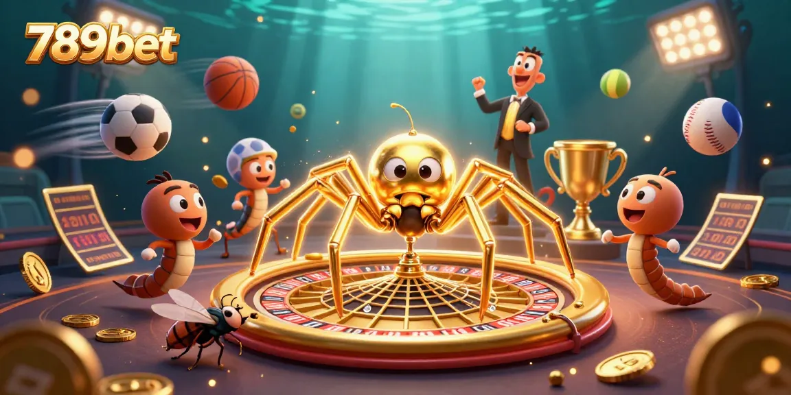Engage in high-stakes action with 789bet's dynamic roulette wheel scene featuring a golden spider and vibrant sports elements.
