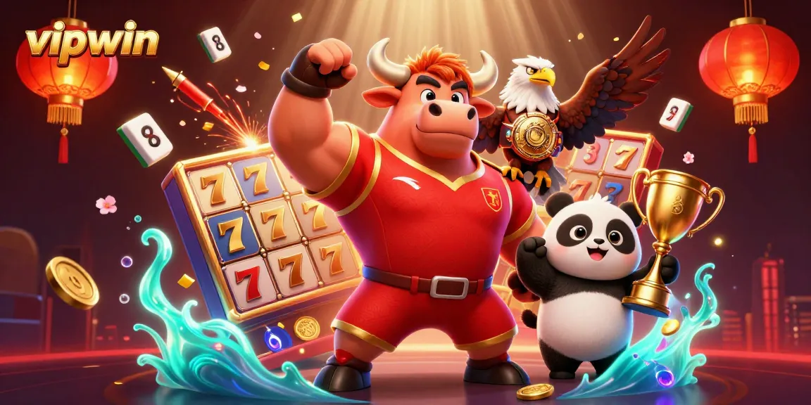 Experience thrilling victories with vipwin in this vibrant 3D casino illustration featuring playful mascots and gaming elements.