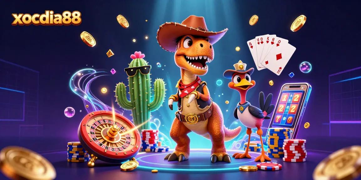 Xocdia88 presents a vibrant 3D scene celebrating casino fun with characters and game elements.