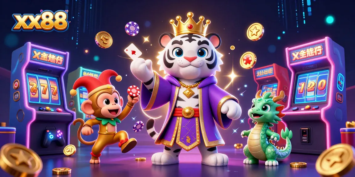 Experience the thrill of gambling with xx88 featuring a royal tiger and playful monkey surrounded by casino elements.