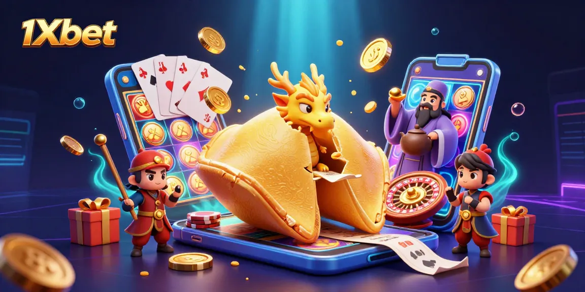 Experience the thrill of 1xbet with vibrant gaming elements, including a wise dragon and a golden fortune cookie.