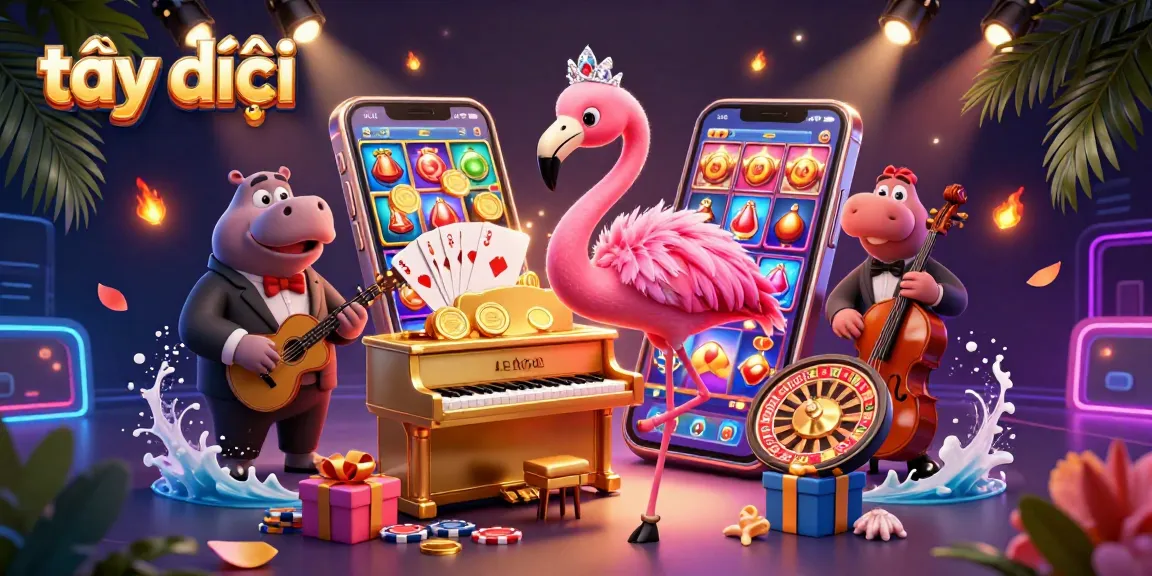 Spin the reels at tại đây with a vibrant 3D casino scene featuring a flamingo and hippo.