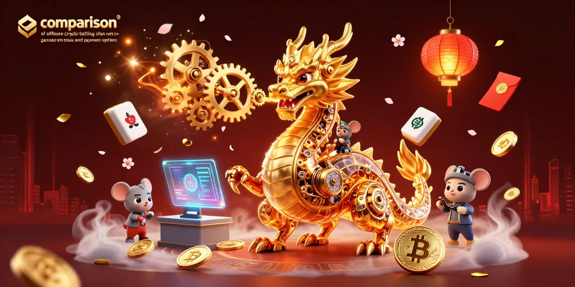 This comparison of offshore crypto betting sites not on gamstop with bonuses and payment options showcases a vibrant scene of a golden dragon amidst cryptocurrency elements, highlighting fast gaming features.