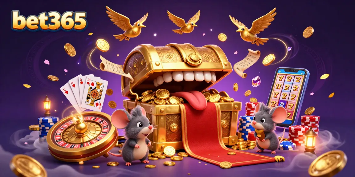 bet365 offers a vibrant gaming experience featuring golden treasure chests, coins, and roulette wheels in a lively 3D scene.