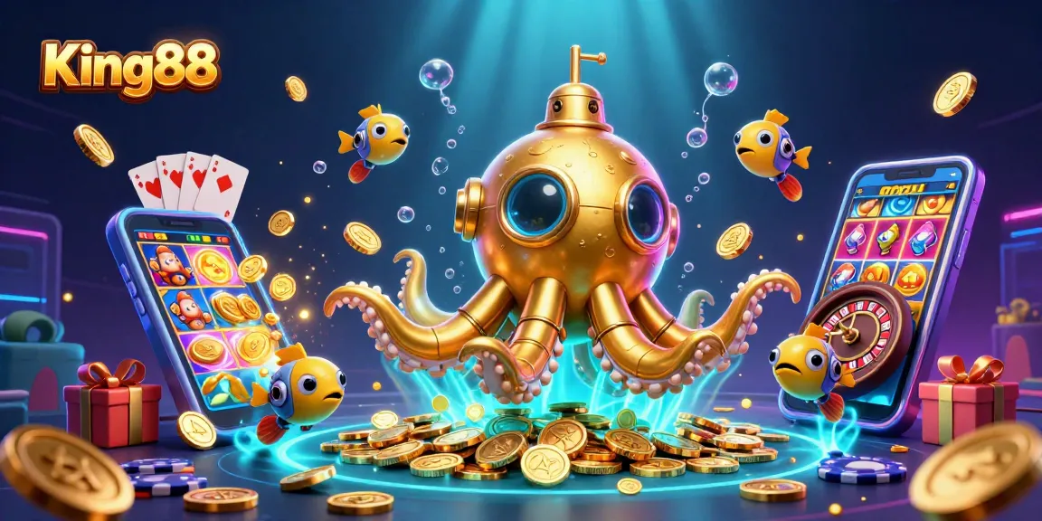 Engage with King88 as a golden kraken submarine emerges in a thrilling gambling scene filled with slot games and poker.