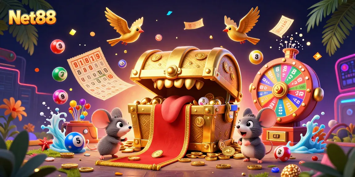 Engage with the thrilling atmosphere of Net88, showcasing dynamic lottery elements and a treasure-filled adventure.