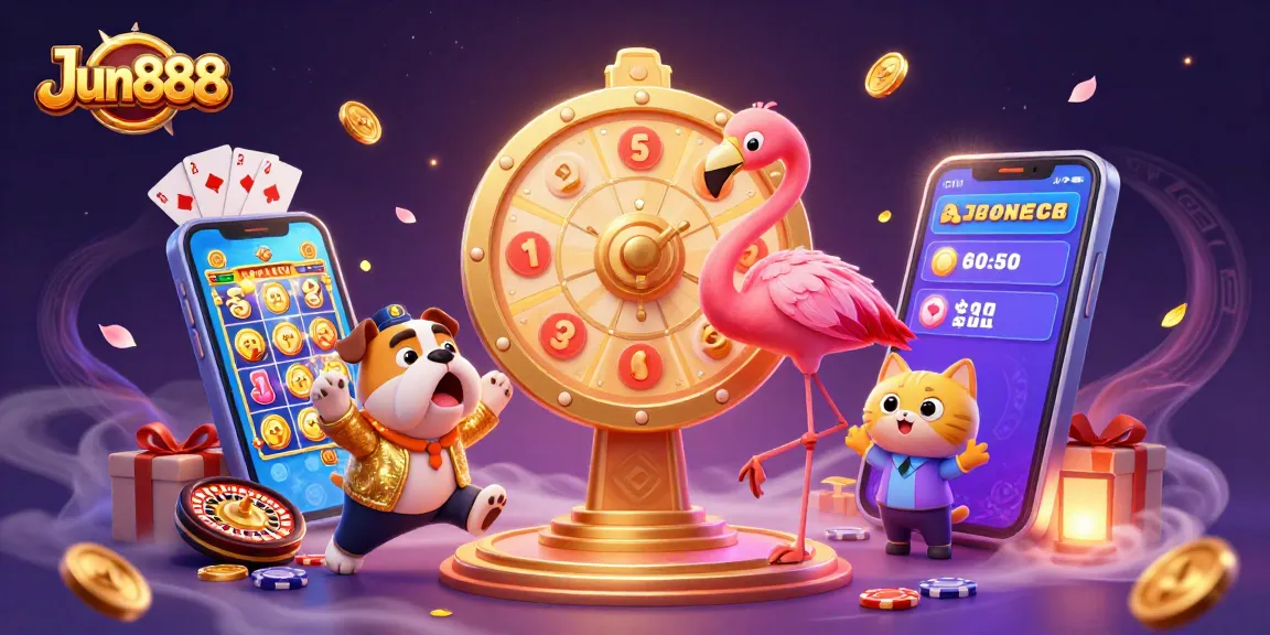 Experience thrilling gameplay at Jun888 with vibrant slot games and exciting prizes revealed in a lively 3D casino scene.