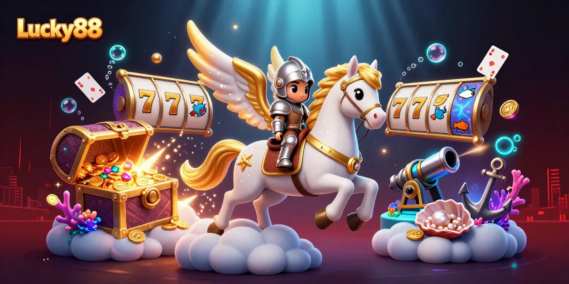 Feel the thrill playing Lucky88 with a dynamic scene of a warrior on a celestial horse amidst casino elements.