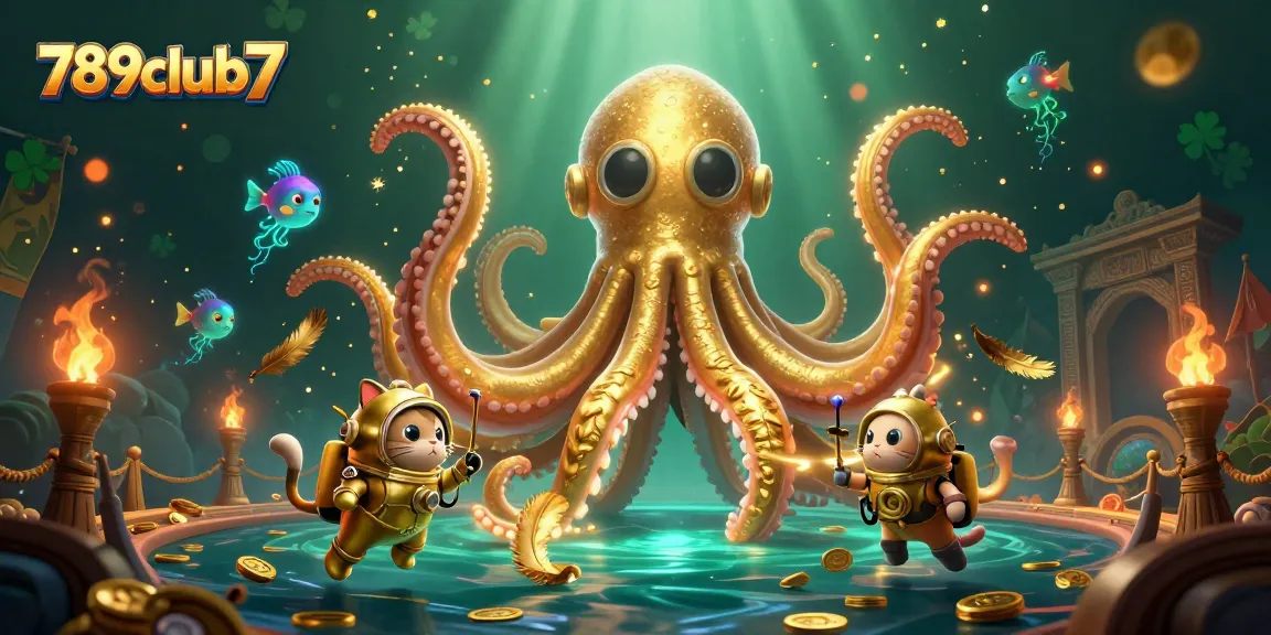 Engage in thrilling gameplay at 789club7, featuring a dynamic kraken and diving cat amidst sparkling treasures.