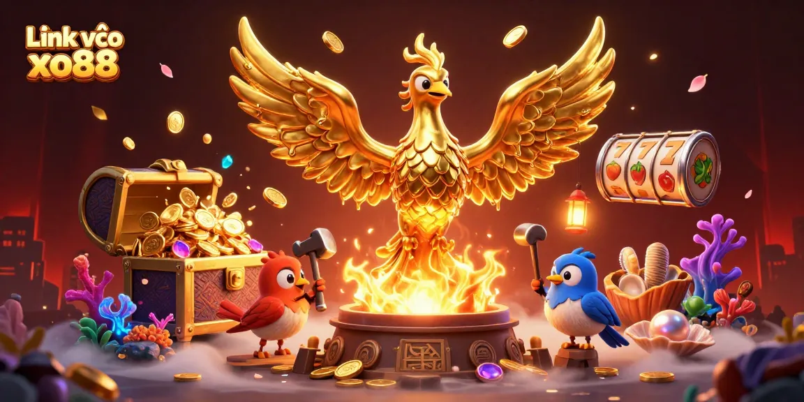 Enhance your winnings with the thrilling Link vào xo88 casino experience, showcasing energetic 3D phoenix and slot elements.