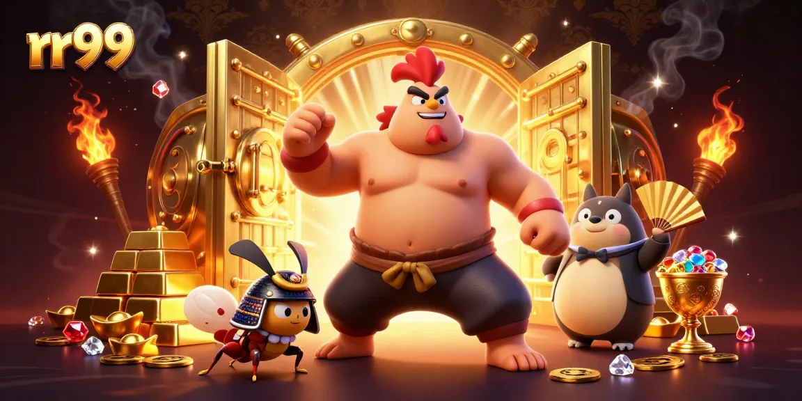 rr99 unleashes excitement with a powerful sumo wrestler, fierce cricket, and announcer in a vibrant casino scene