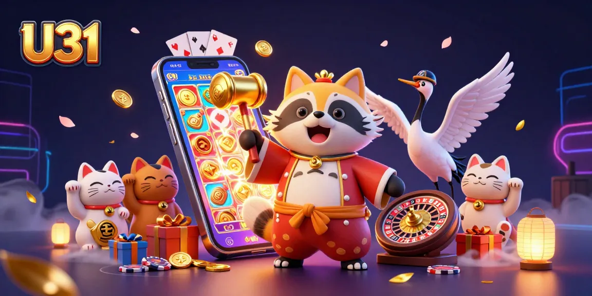 U31 engages players with raccoon and crane in a vibrant casino scene, celebrating luck and fortune.