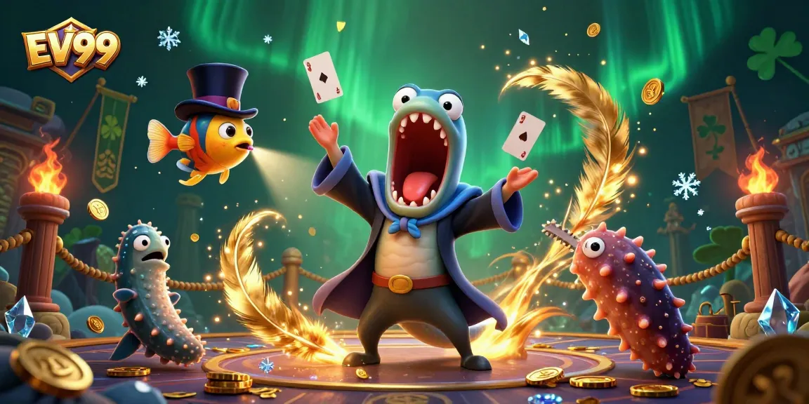 Experience exciting gameplay at EV99 with vibrant characters performing magic tricks in a dynamic casino scene.