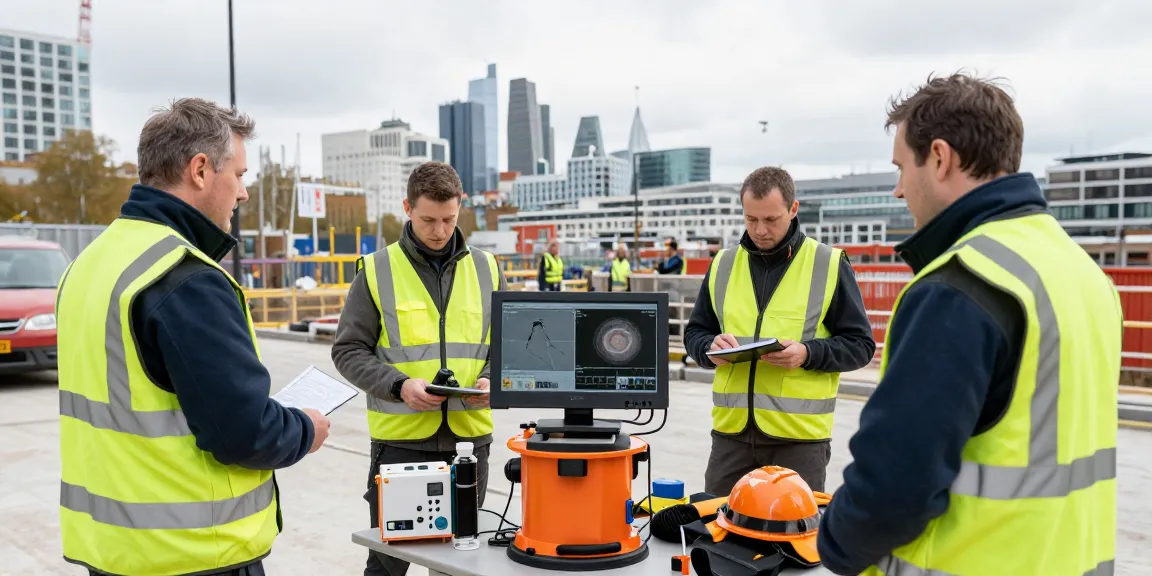 GPR Utility surveys London performed by professionals at a construction site, showcasing advanced technology and teamwork.