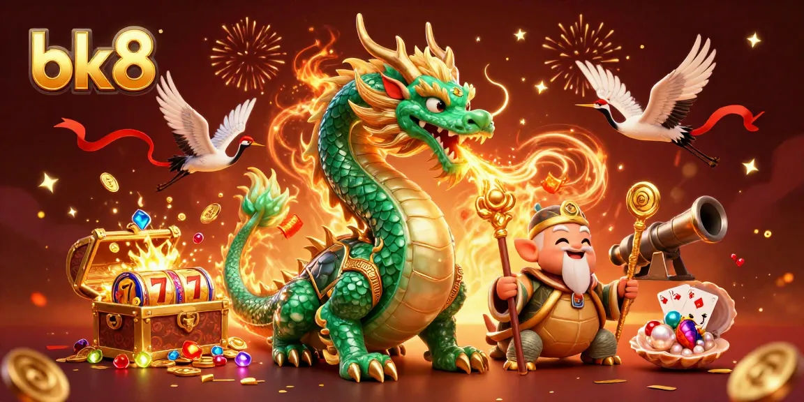 Experience the excitement at bk8 with the majestic emerald dragon and lucky symbols in a vibrant casino scene.