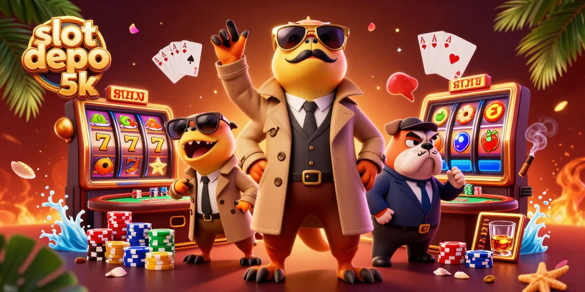 Experience slot depo 5k excitement with animated characters in a casino scene.