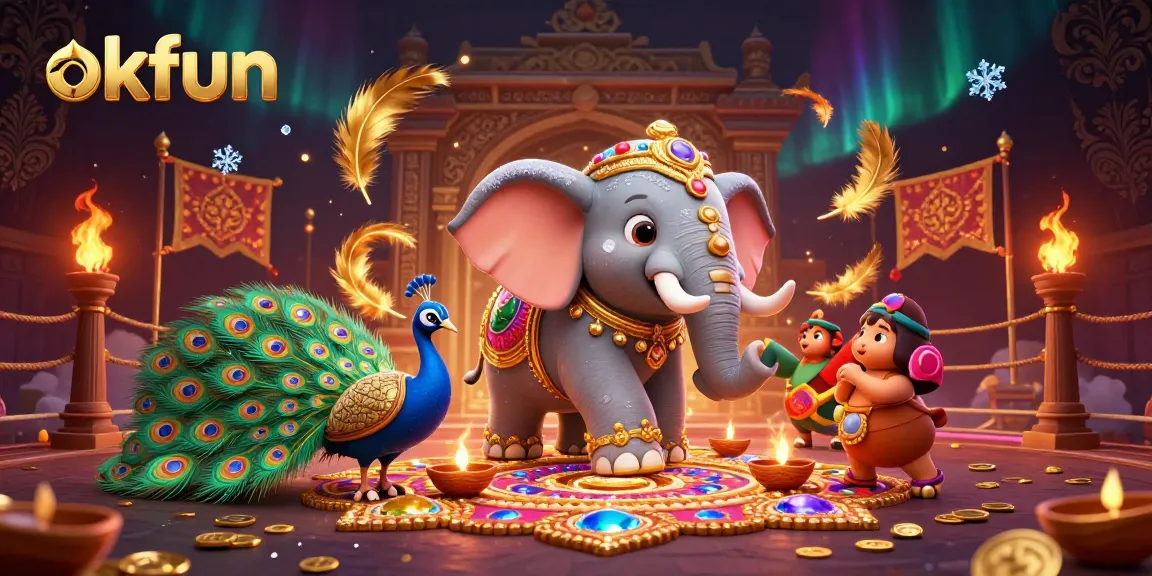 okfun captures vibrant energy of a festive casino scene with an elephant, peacock, and dynamic elements.