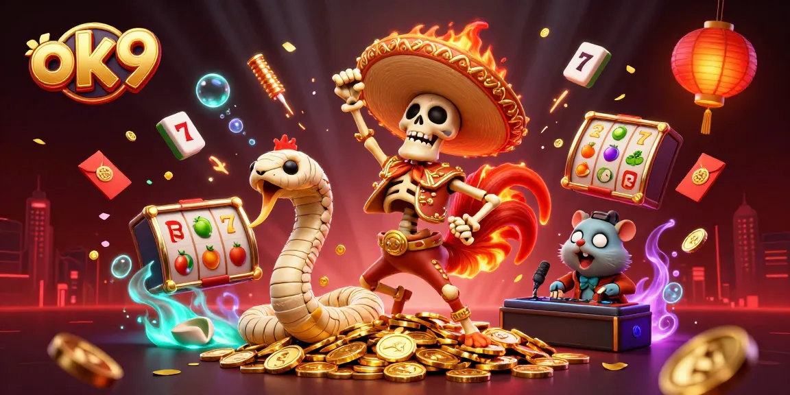 ok9's vibrant casino celebration scene featuring a mariachi rooster, mummy snake, and zombie DJ on gold coins.